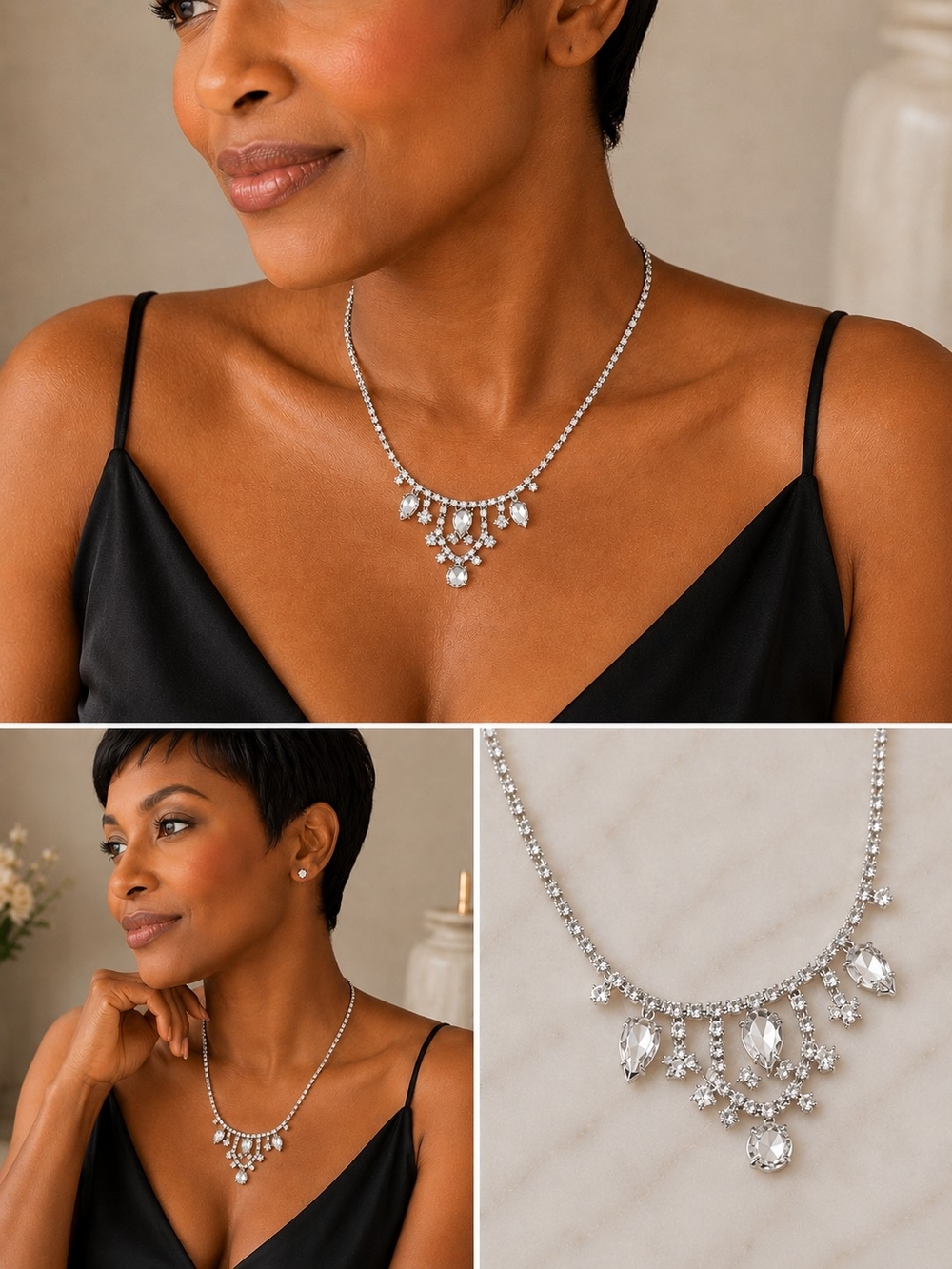 Silver Tone Crystal Teardrop Statement Necklace - Women Jewelry